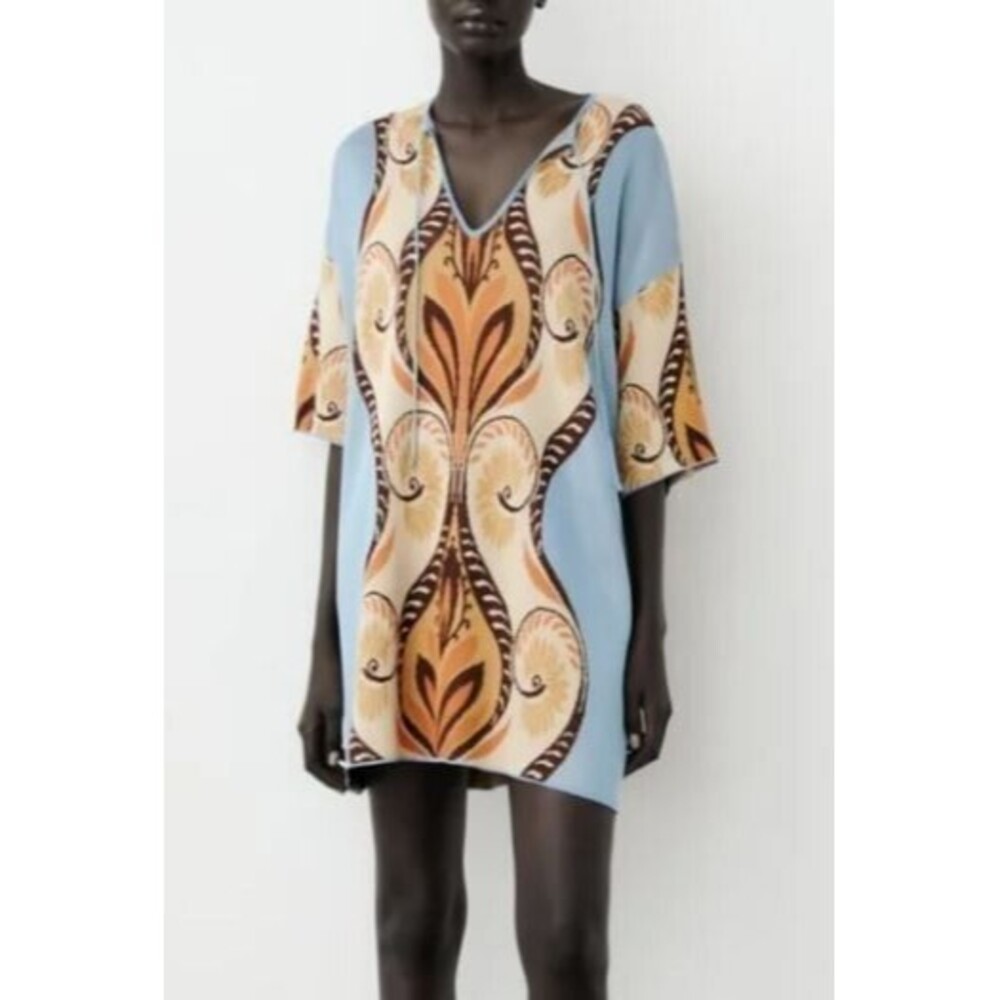 Zara Jacquard Mini Dress Oversized Tunic Knit Boho Womens Size M